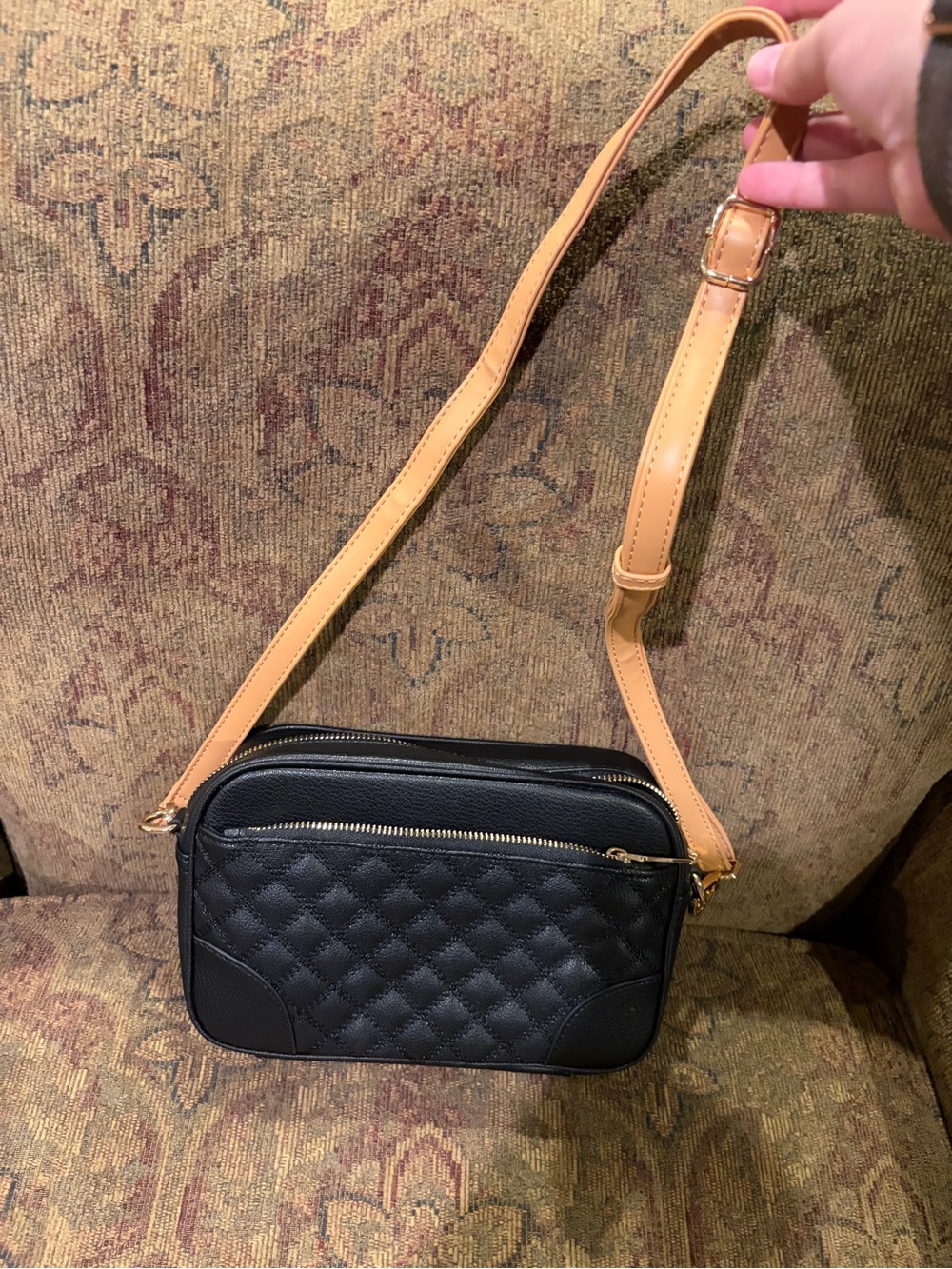 Black Quilted Crossbody Bag with Tan Strap